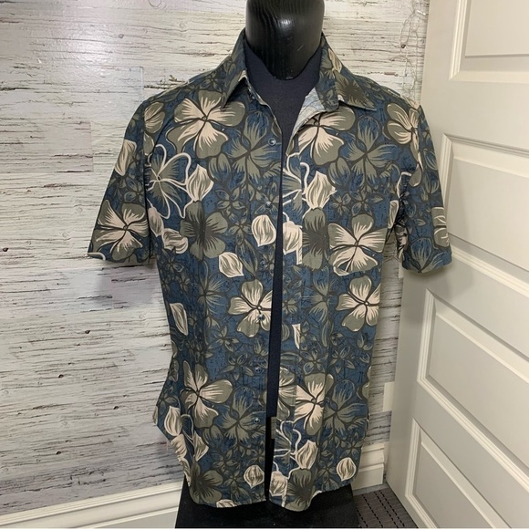 Hudson North Tropical Floral Blue Tan Casual Button Up Shirt Short Sleeves L - Picture 4 of 10